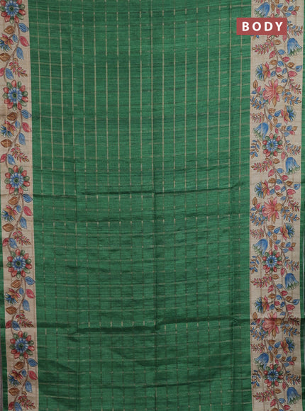 Semi tussar saree green and beige with allover zari checked pattern and kalamkari printed pallu
