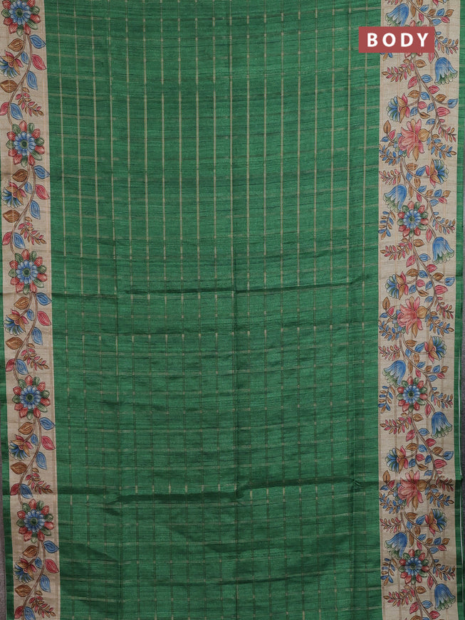 Semi tussar saree green and beige with allover zari checked pattern and kalamkari printed pallu