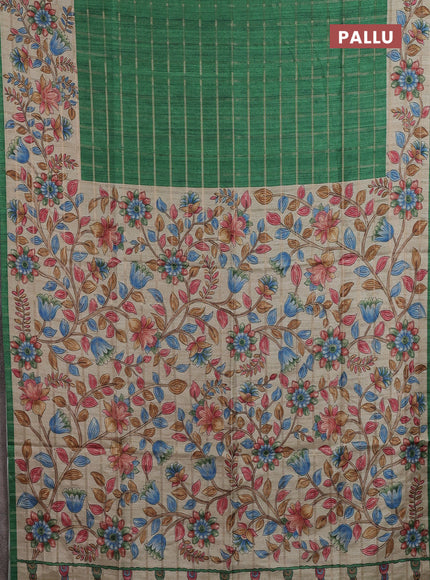 Semi tussar saree green and beige with allover zari checked pattern and kalamkari printed pallu