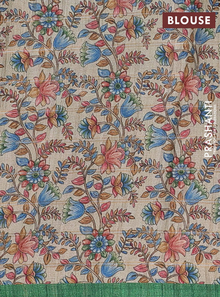 Semi tussar saree green and beige with allover zari checked pattern and kalamkari printed pallu