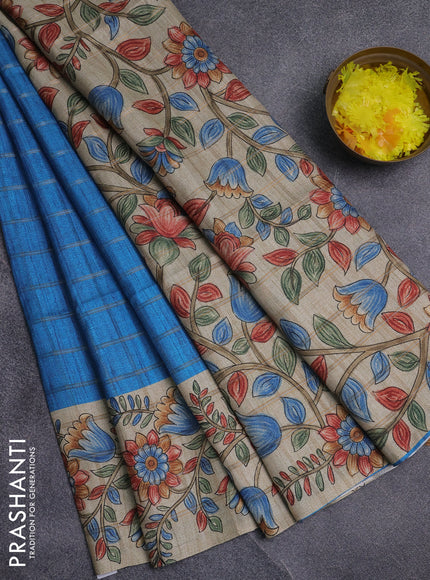 Semi tussar saree cs blue and beige with allover zari checked pattern and kalamkari printed pallu