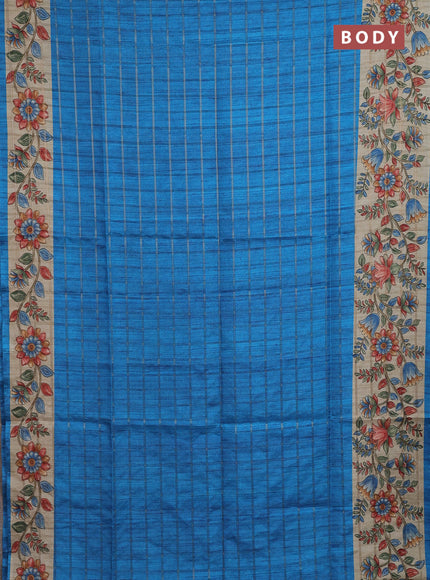 Semi tussar saree cs blue and beige with allover zari checked pattern and kalamkari printed pallu