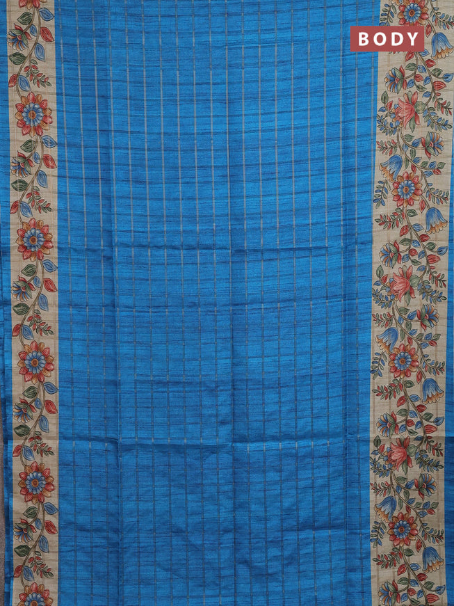 Semi tussar saree cs blue and beige with allover zari checked pattern and kalamkari printed pallu
