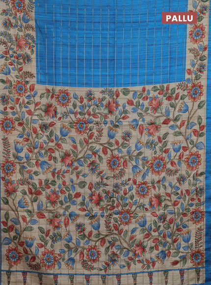 Semi tussar saree cs blue and beige with allover zari checked pattern and kalamkari printed pallu