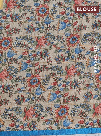 Semi tussar saree cs blue and beige with allover zari checked pattern and kalamkari printed pallu