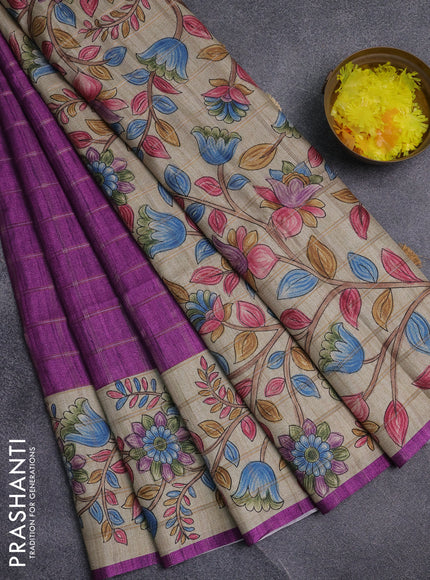 Semi tussar saree purple and beige with allover zari checked pattern and kalamkari printed pallu