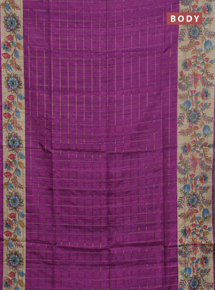 Semi tussar saree purple and beige with allover zari checked pattern and kalamkari printed pallu