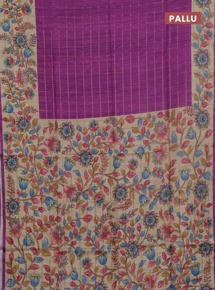 Semi tussar saree purple and beige with allover zari checked pattern and kalamkari printed pallu