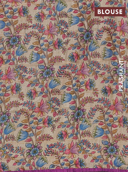 Semi tussar saree purple and beige with allover zari checked pattern and kalamkari printed pallu