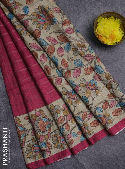 Semi tussar saree pink and beige with allover zari checked pattern and kalamkari printed pallu