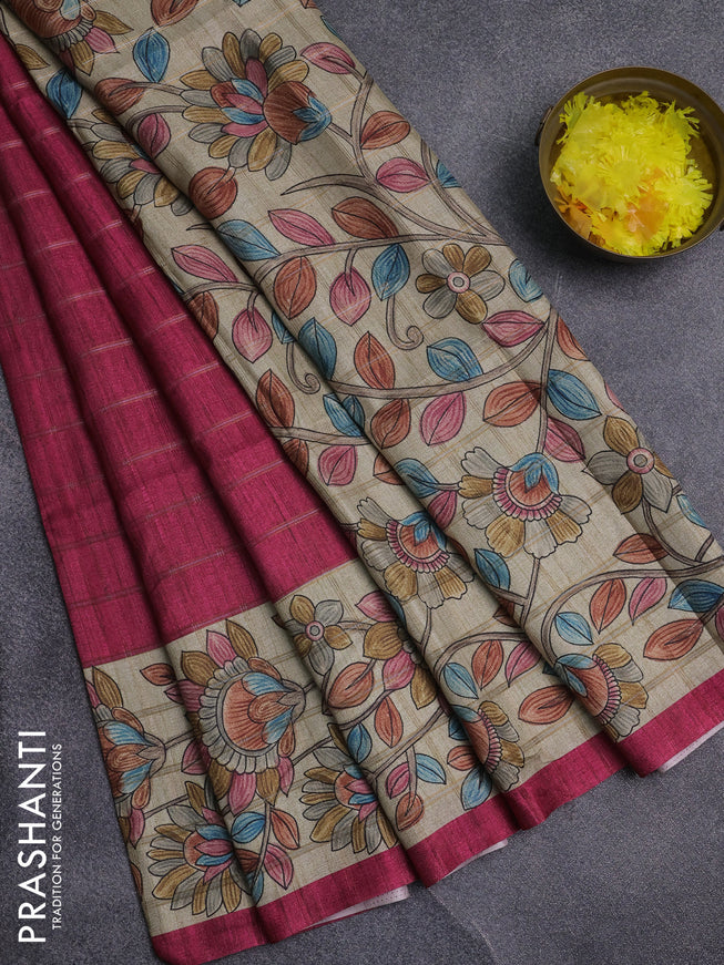 Semi tussar saree pink and beige with allover zari checked pattern and kalamkari printed pallu