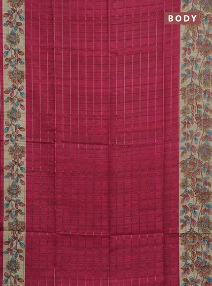 Semi tussar saree pink and beige with allover zari checked pattern and kalamkari printed pallu