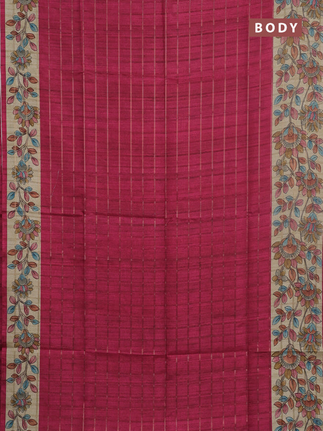 Semi tussar saree pink and beige with allover zari checked pattern and kalamkari printed pallu