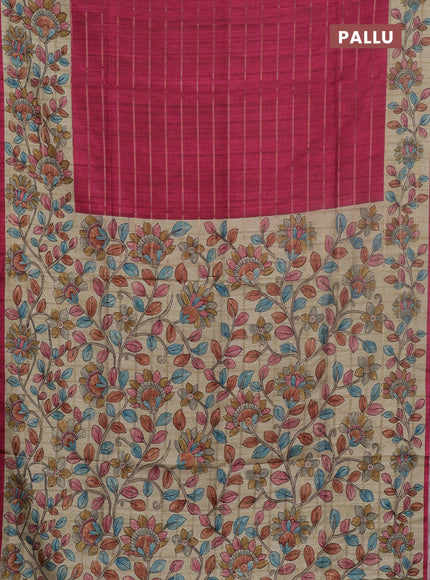 Semi tussar saree pink and beige with allover zari checked pattern and kalamkari printed pallu