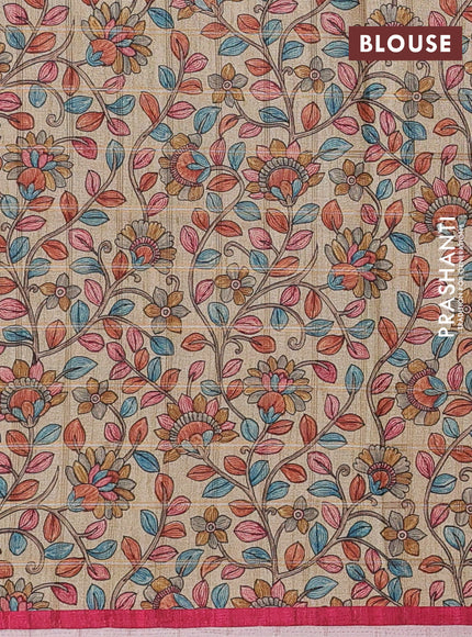 Semi tussar saree pink and beige with allover zari checked pattern and kalamkari printed pallu