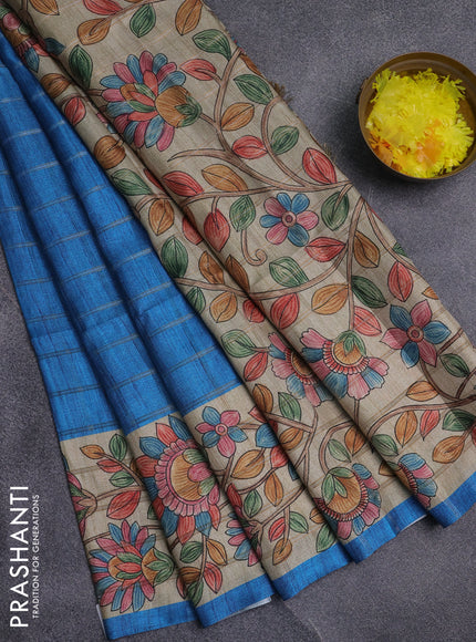 Semi tussar saree cs blue and beige with allover zari checked pattern and kalamkari printed pallu