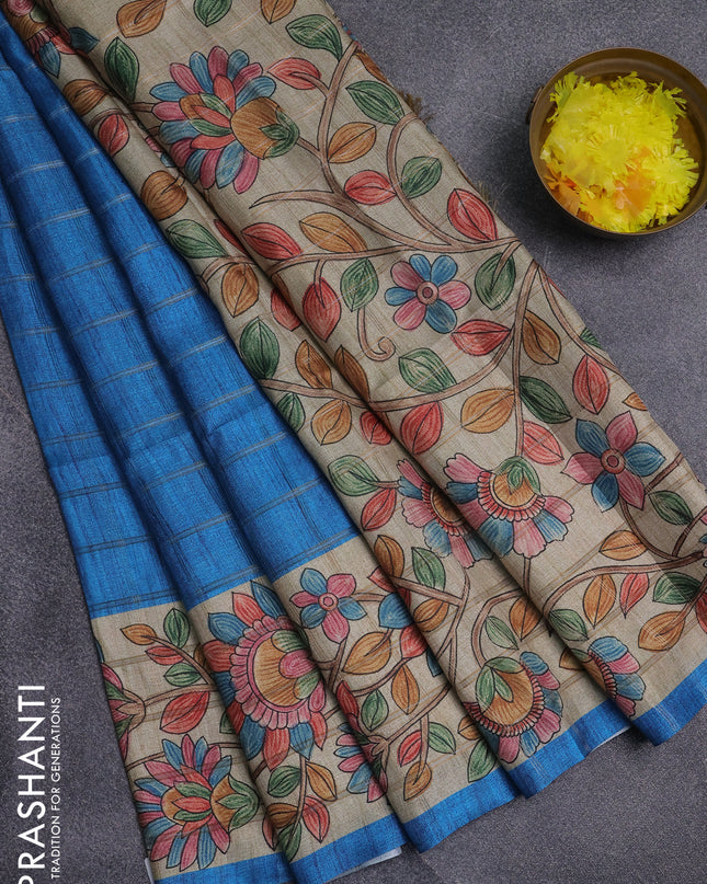 Semi tussar saree cs blue and beige with allover zari checked pattern and kalamkari printed pallu