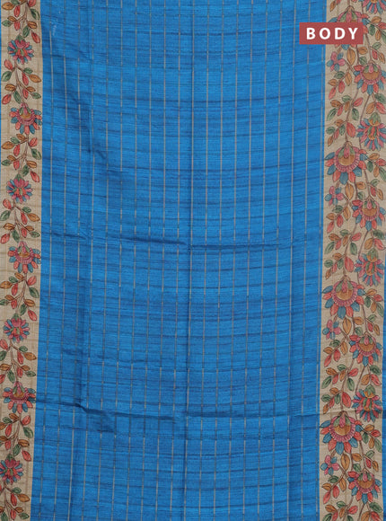 Semi tussar saree cs blue and beige with allover zari checked pattern and kalamkari printed pallu