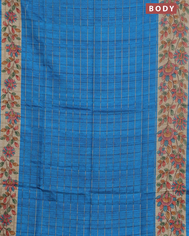 Semi tussar saree cs blue and beige with allover zari checked pattern and kalamkari printed pallu
