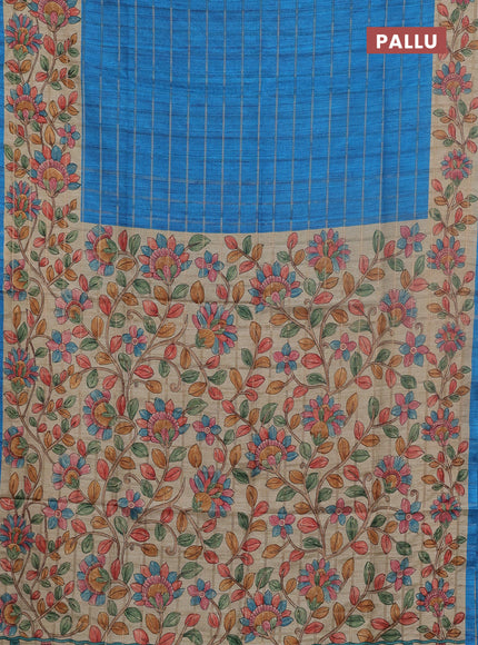 Semi tussar saree cs blue and beige with allover zari checked pattern and kalamkari printed pallu
