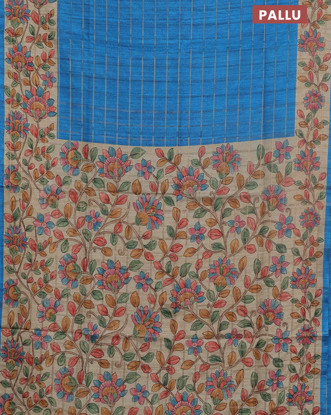 Semi tussar saree cs blue and beige with allover zari checked pattern and kalamkari printed pallu