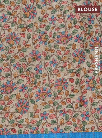 Semi tussar saree cs blue and beige with allover zari checked pattern and kalamkari printed pallu