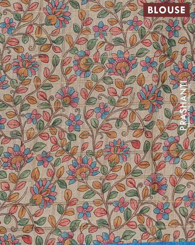 Semi tussar saree cs blue and beige with allover zari checked pattern and kalamkari printed pallu