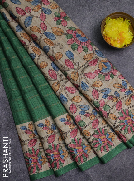 Semi tussar saree green and beige with allover zari checked pattern and kalamkari printed pallu