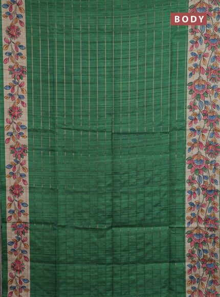 Semi tussar saree green and beige with allover zari checked pattern and kalamkari printed pallu