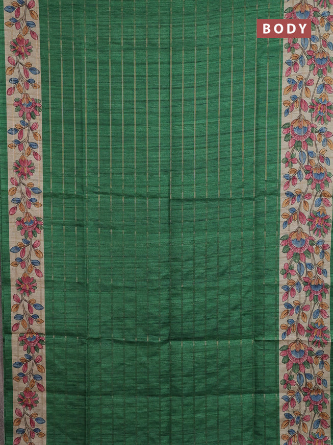 Semi tussar saree green and beige with allover zari checked pattern and kalamkari printed pallu