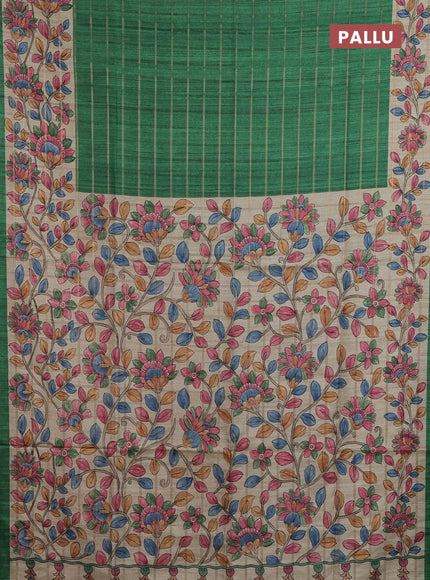 Semi tussar saree green and beige with allover zari checked pattern and kalamkari printed pallu