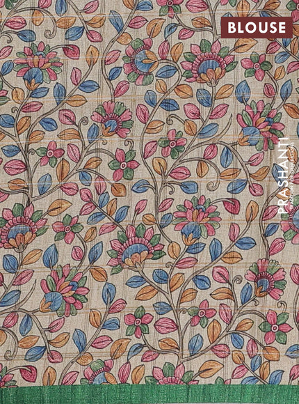 Semi tussar saree green and beige with allover zari checked pattern and kalamkari printed pallu
