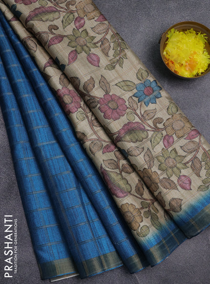 Semi tussar saree cs blue and beige with allover zari checked pattern and kalamkari printed pallu