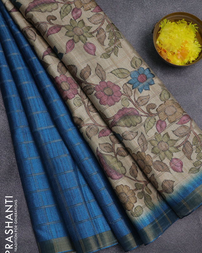 Semi tussar saree cs blue and beige with allover zari checked pattern and kalamkari printed pallu