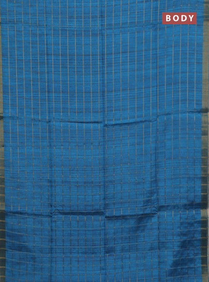 Semi tussar saree cs blue and beige with allover zari checked pattern and kalamkari printed pallu