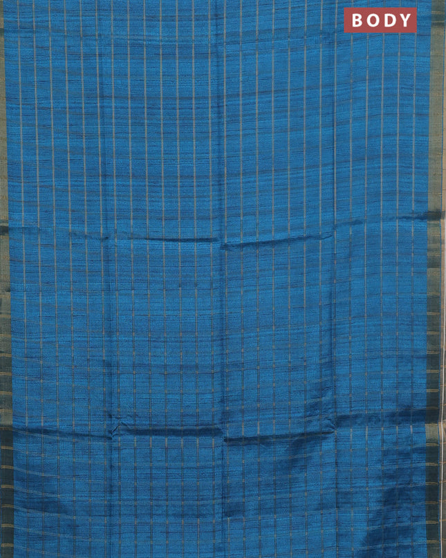 Semi tussar saree cs blue and beige with allover zari checked pattern and kalamkari printed pallu