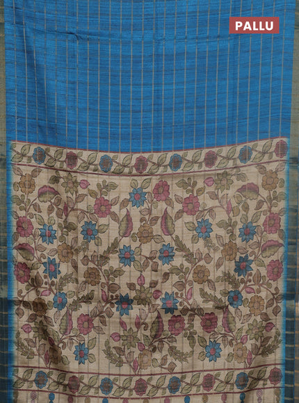 Semi tussar saree cs blue and beige with allover zari checked pattern and kalamkari printed pallu