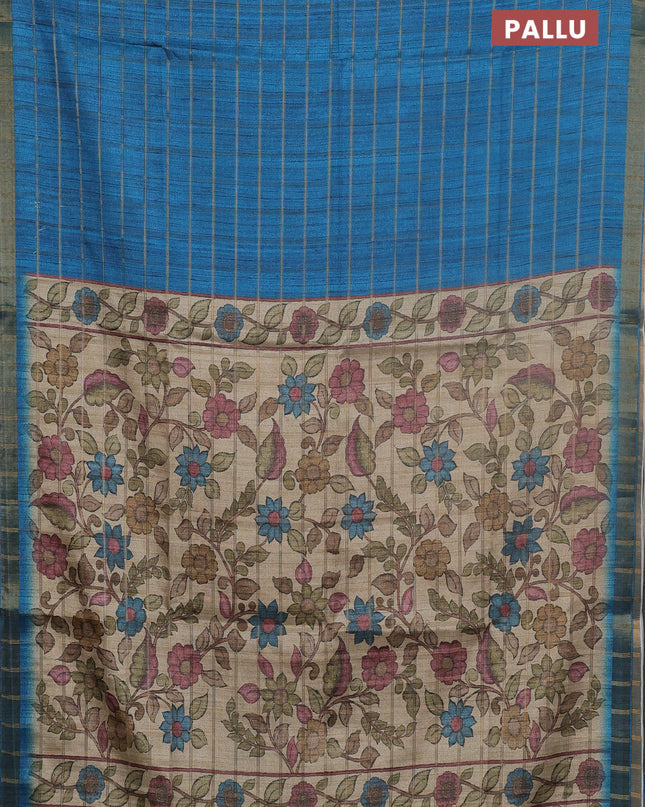 Semi tussar saree cs blue and beige with allover zari checked pattern and kalamkari printed pallu