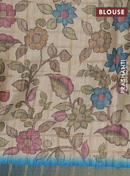 Semi tussar saree cs blue and beige with allover zari checked pattern and kalamkari printed pallu