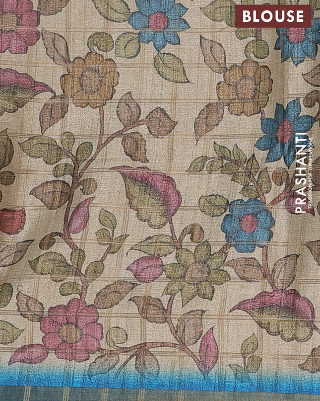 Semi tussar saree cs blue and beige with allover zari checked pattern and kalamkari printed pallu