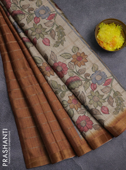 Semi tussar saree mustard yellow and beige with allover zari checked pattern and kalamkari printed pallu