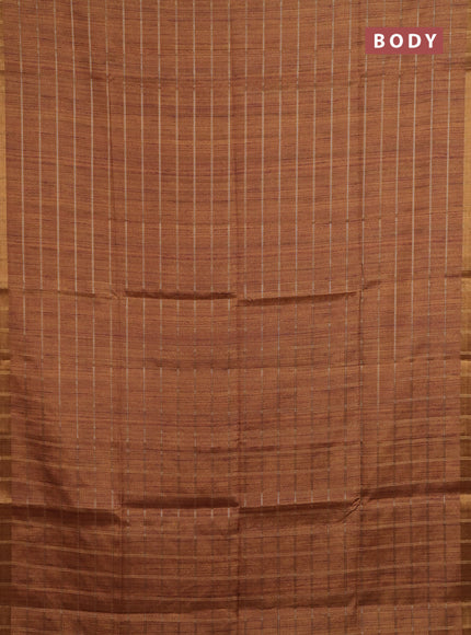 Semi tussar saree mustard yellow and beige with allover zari checked pattern and kalamkari printed pallu