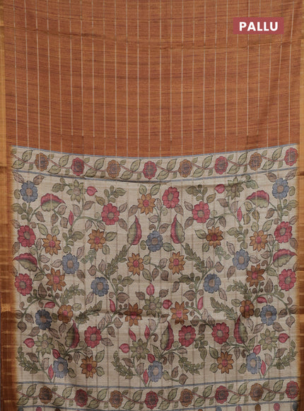 Semi tussar saree mustard yellow and beige with allover zari checked pattern and kalamkari printed pallu
