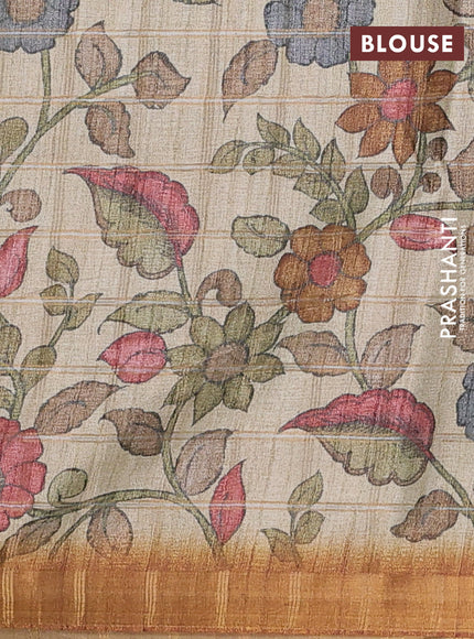 Semi tussar saree mustard yellow and beige with allover zari checked pattern and kalamkari printed pallu