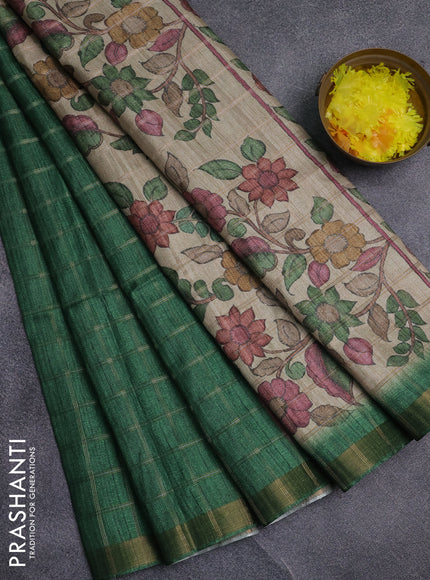 Semi tussar saree green and beige with allover zari checked pattern and kalamkari printed pallu
