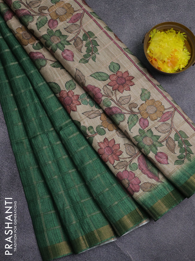 Semi tussar saree green and beige with allover zari checked pattern and kalamkari printed pallu