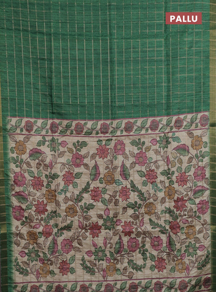 Semi tussar saree green and beige with allover zari checked pattern and kalamkari printed pallu