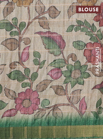Semi tussar saree green and beige with allover zari checked pattern and kalamkari printed pallu
