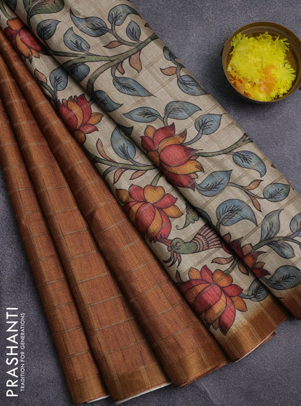 Semi tussar saree mustard yellow and beige with allover zari checked pattern and kalamkari printed pallu