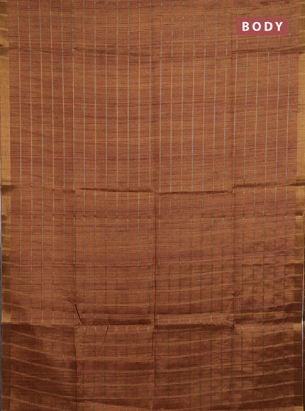 Semi tussar saree mustard yellow and beige with allover zari checked pattern and kalamkari printed pallu
